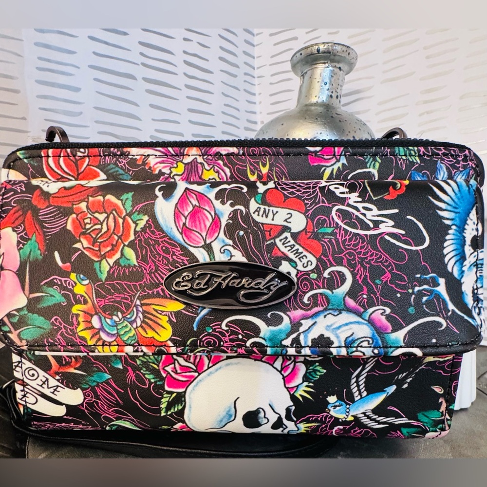 Ed Hardy Black Crossbody Bag with Multicolor Tattoo Design